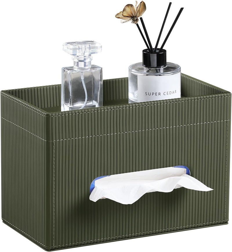 Cretkhp Rectangular Tissue Box Cover with Storage Tray, PU Leather Tissue Box Holder for Bathroom Vanity Countertop Night Stands Bedroom Office Desk, Stylish Tissue Holder Decorative Organizer (Green) - Image 1